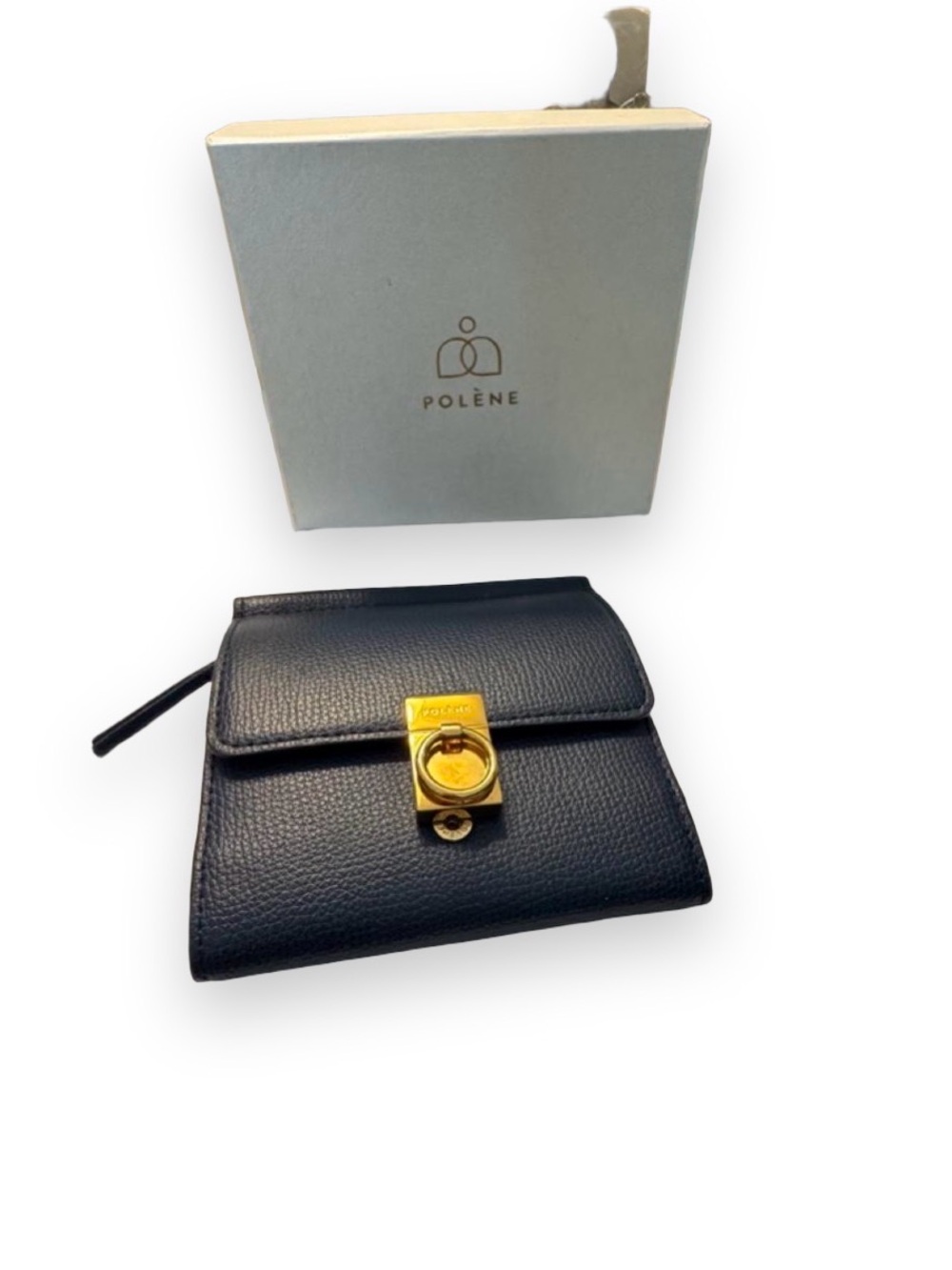Polène Navy Pebbled Leather Wallet with Gold Turn-Lock